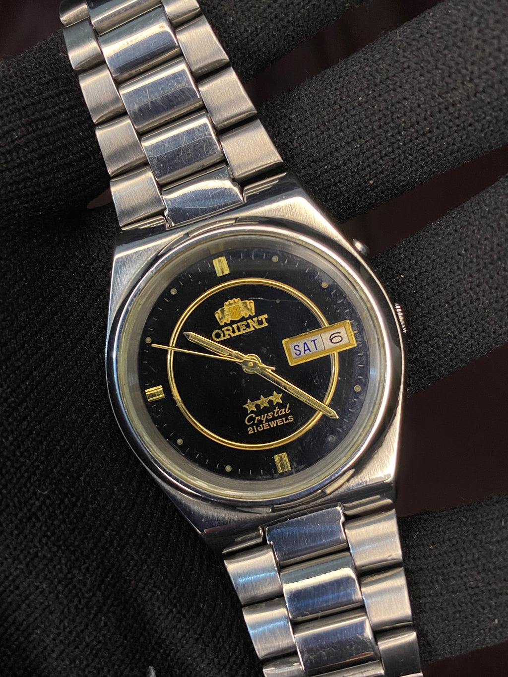 Orient Tri-Star Crystal Black Dial Watch with Golden Ring