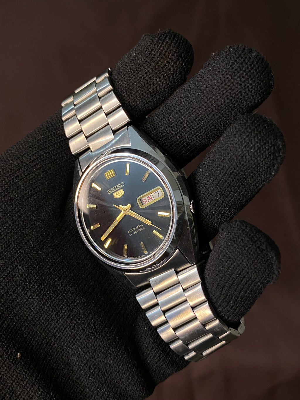 Seiko 5 Black Textured Sunburst  Dial Watch with Golden points