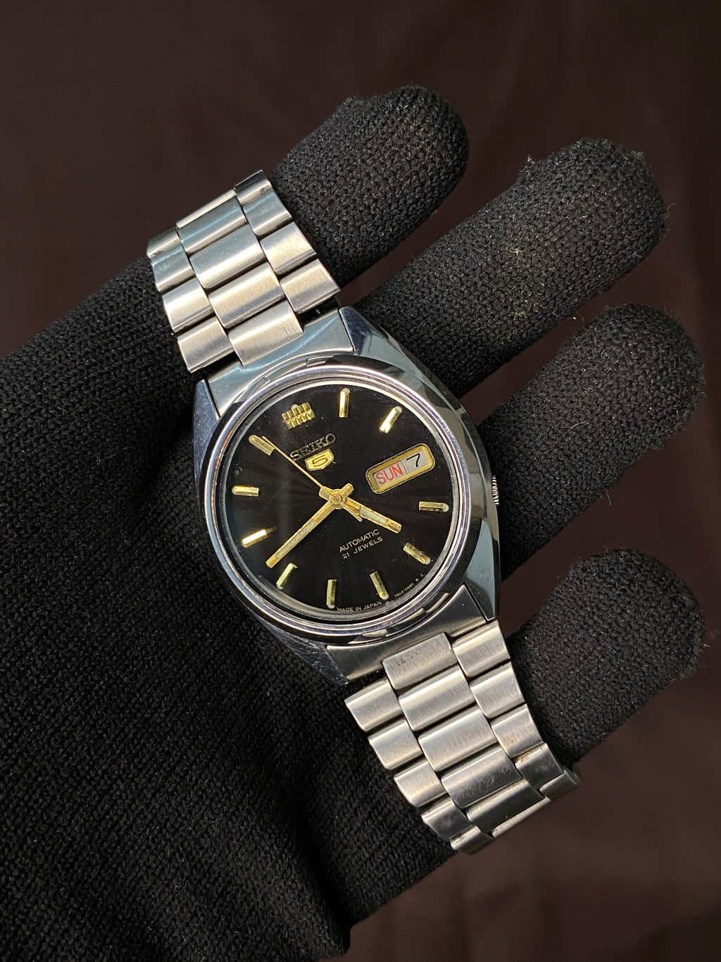 Seiko 5 Black Textured Sunburst  Dial Watch with Golden points