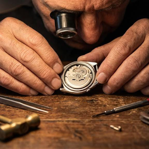 Watchmaker examining a watch with tools on a wooden table