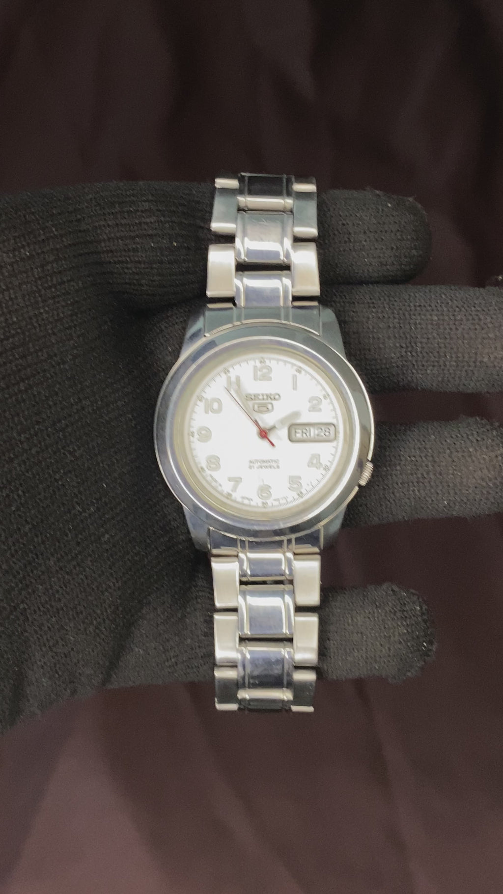 Seiko 5 White Military Dial Watch with Transparent Back