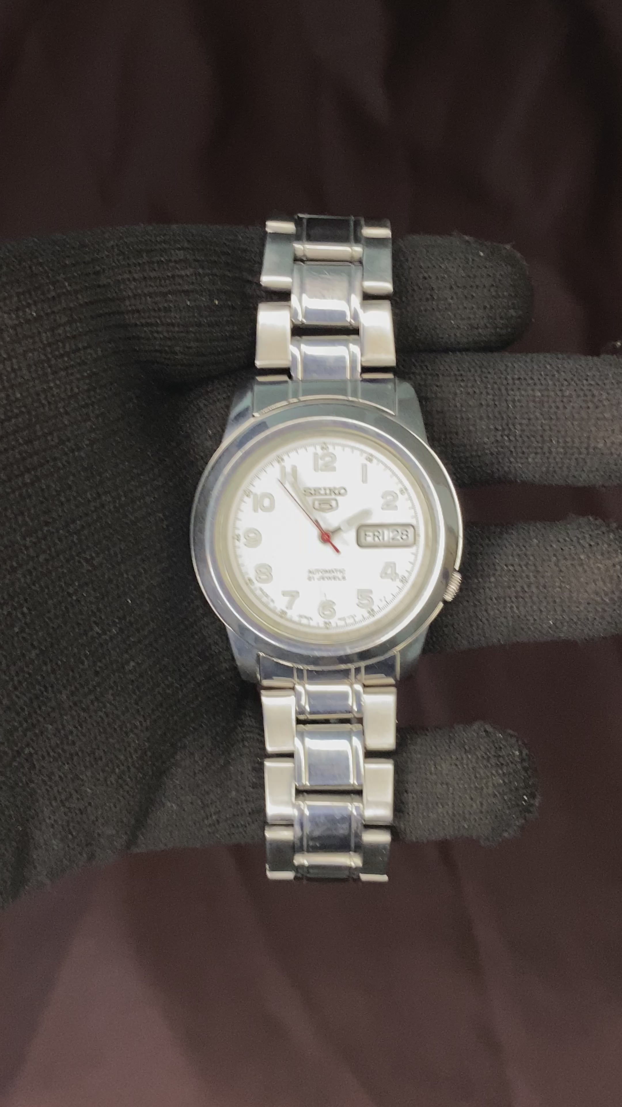 Seiko 5 White Military Dial Watch with Transparent Back