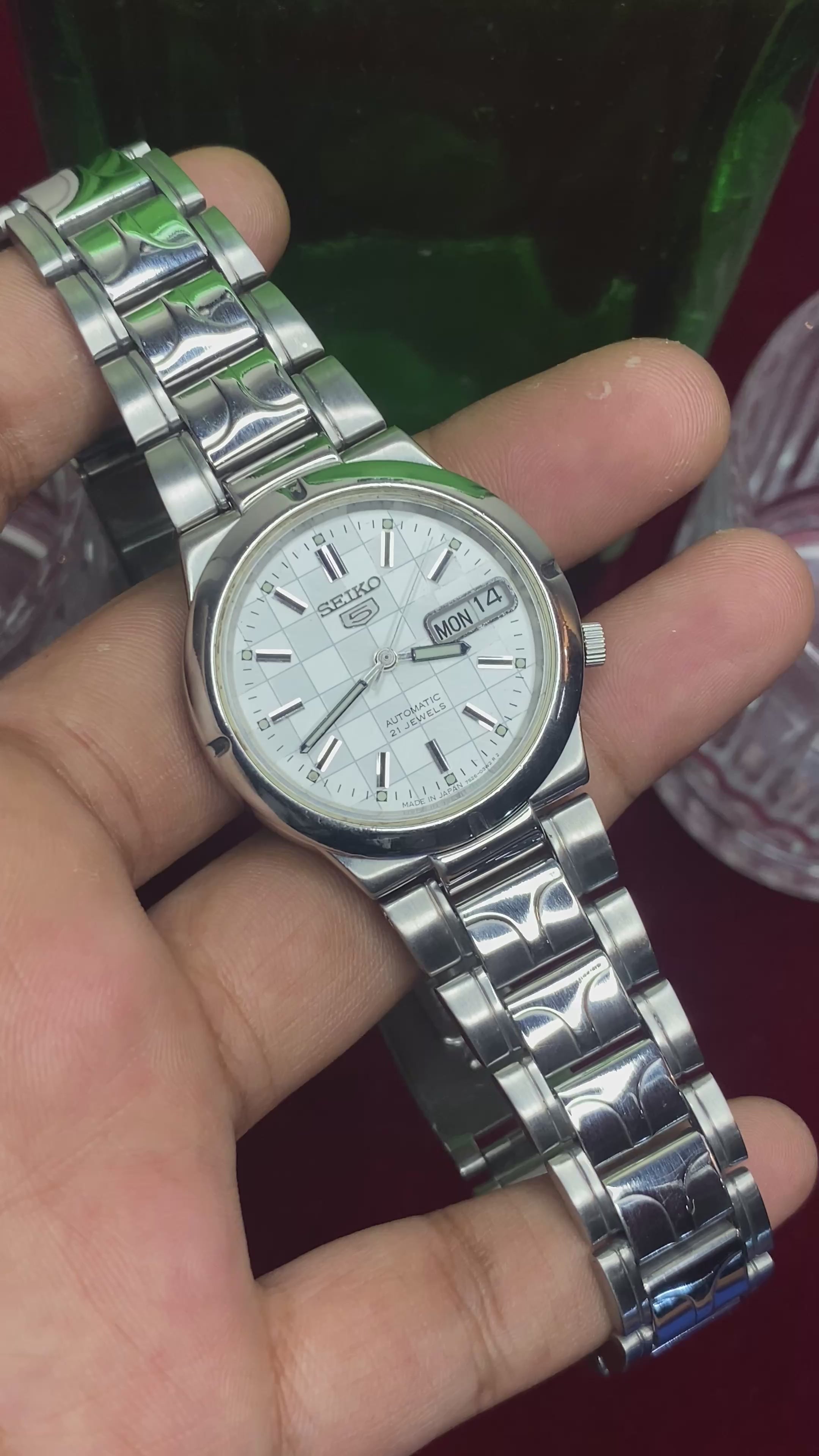 Seiko 5 White & Silver “Grid” — 7S26 Textured Dial Exhibition Automatic Watch.