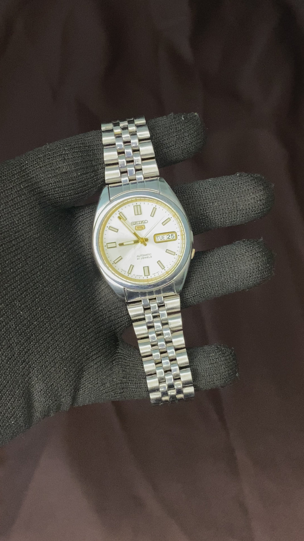 Seiko 5 White Gold Sunburst Dial with Transparent back