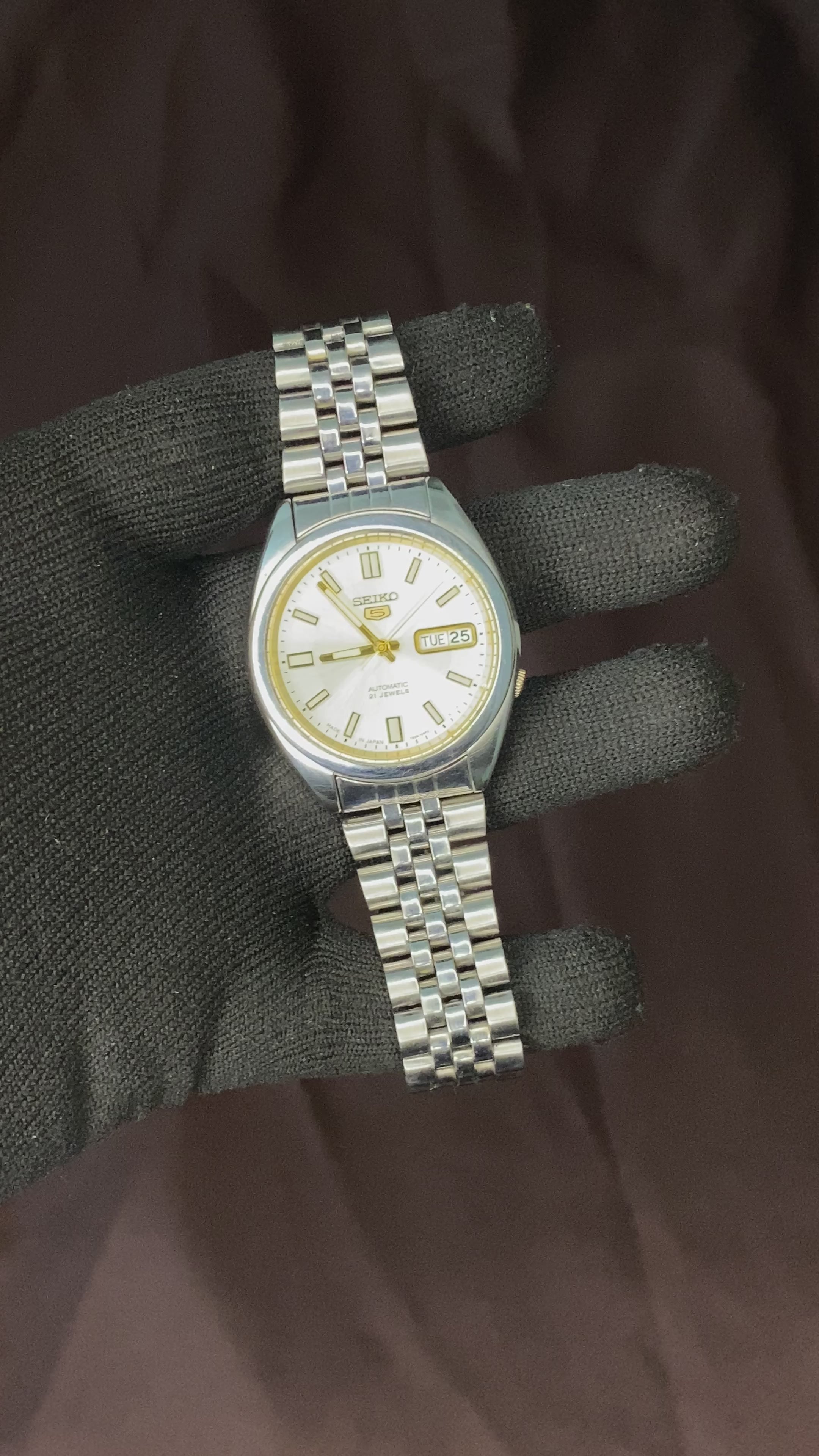 Seiko 5 White Gold Sunburst Dial with Transparent back