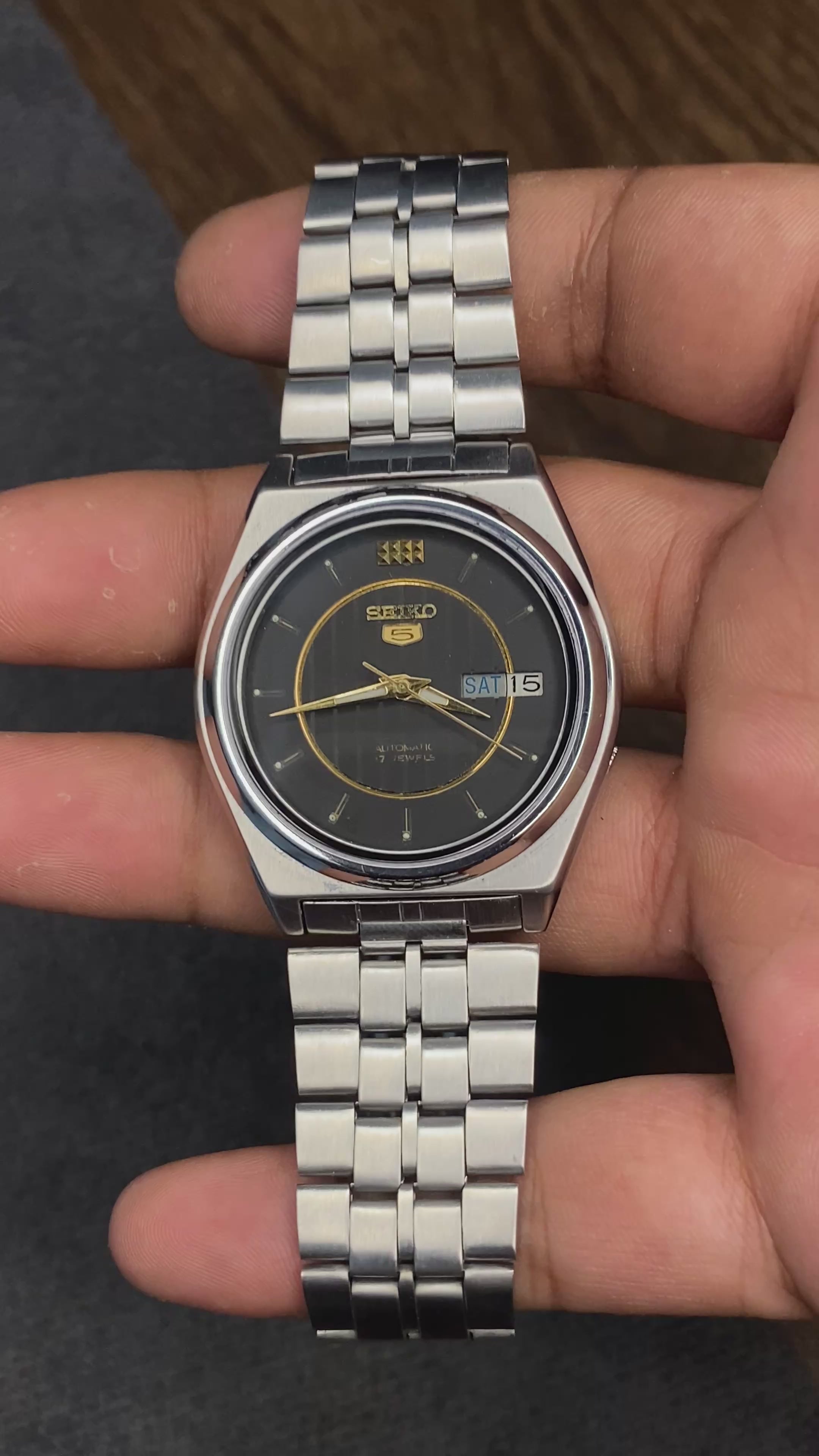 Seiko 5 — Matte Black & Gold Circle Dial | 38mm Japanese Automatic Watch.