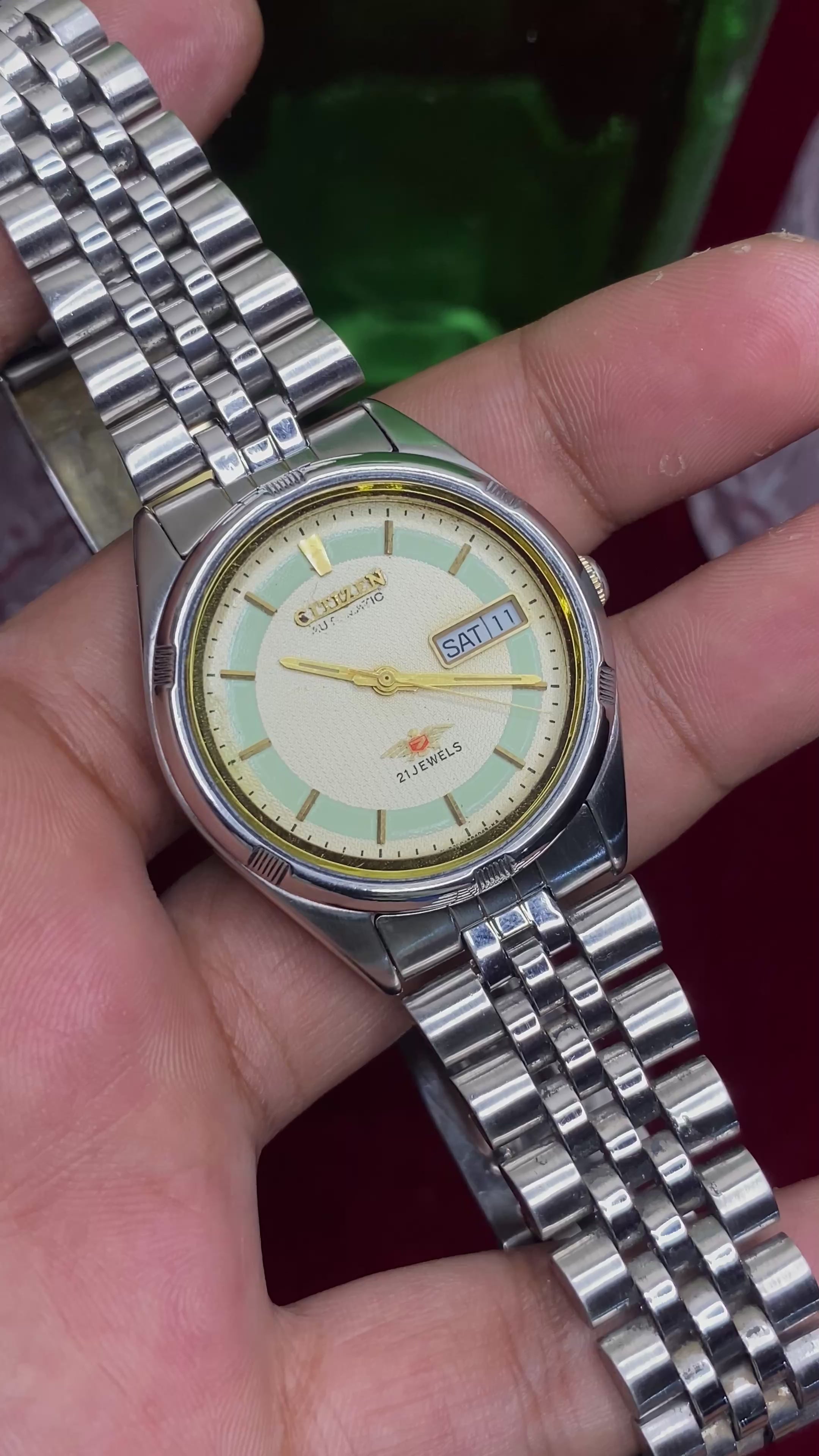Citizen Automatic “Mint & Cream” — 8200 Two-Tone Dial Watch with Exhibition back.