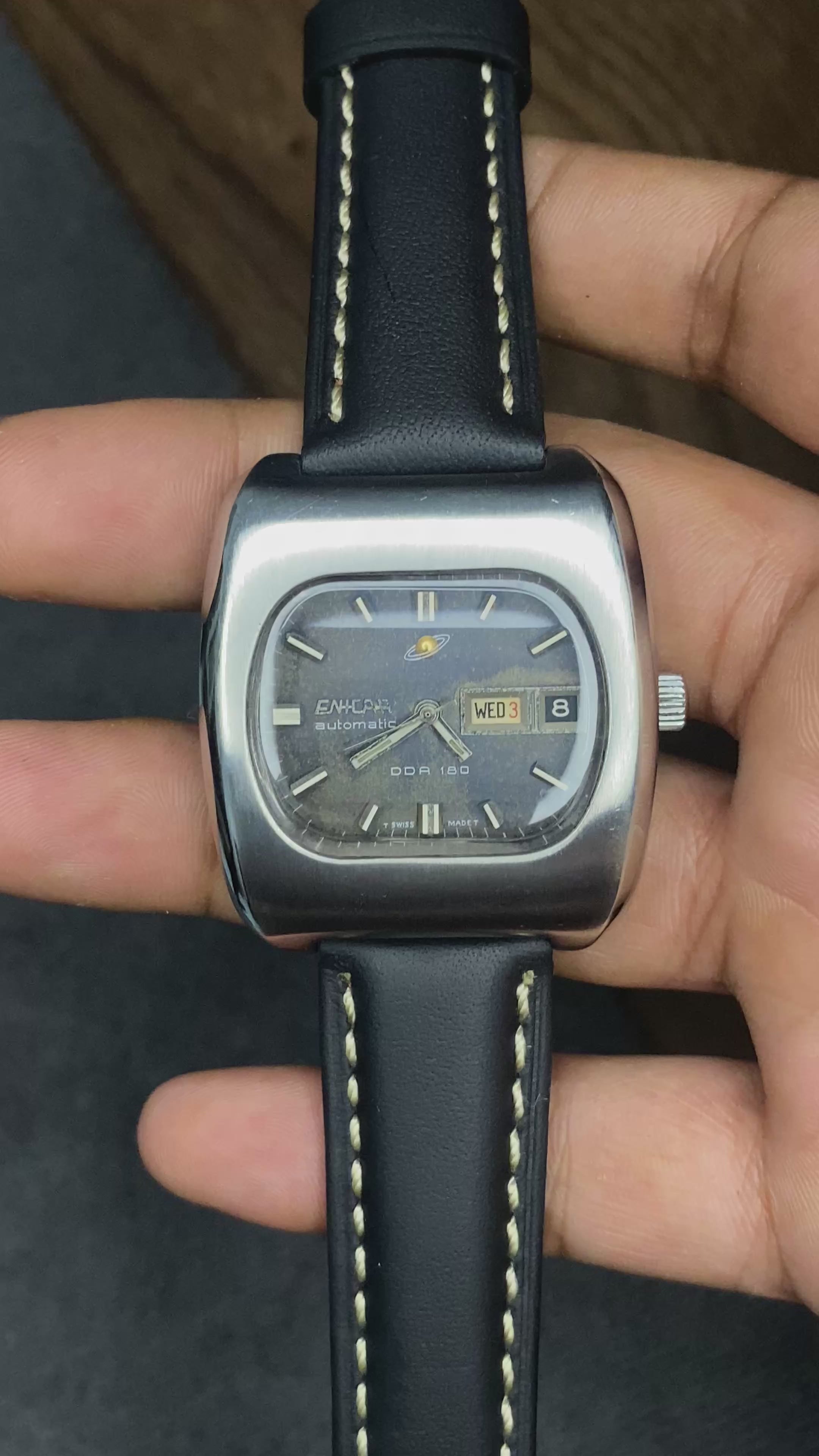 Vintage Historic Swiss Watch.
Super Rare Enicar DDA 180 “Tv-Style” Dark Textured Dial Watch Automatic Watch.