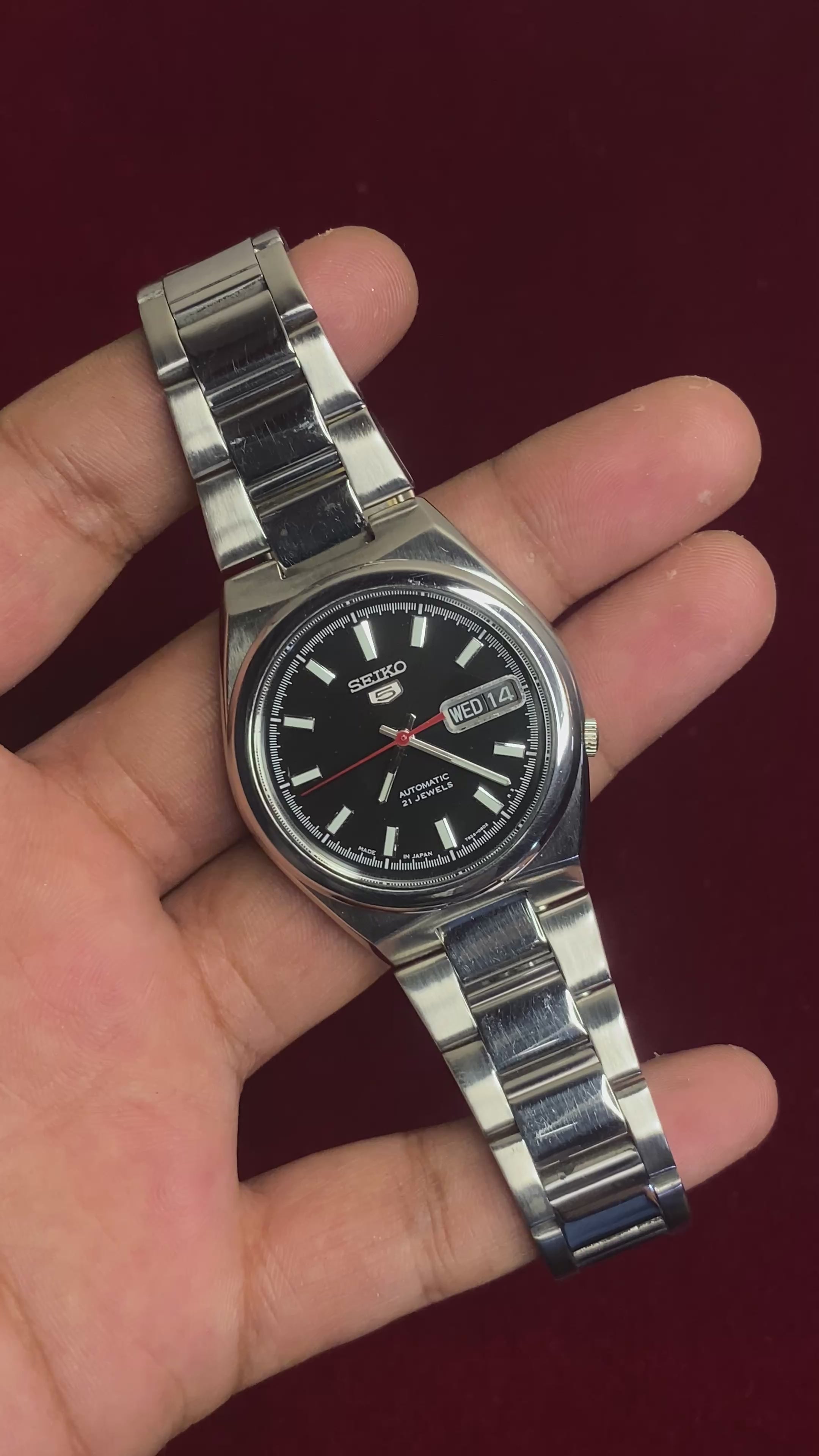 Seiko 5 SNKC55J1 — Black Dial, Red Seconds, Exhibition Caseback | Ref- 7S26-02P0.