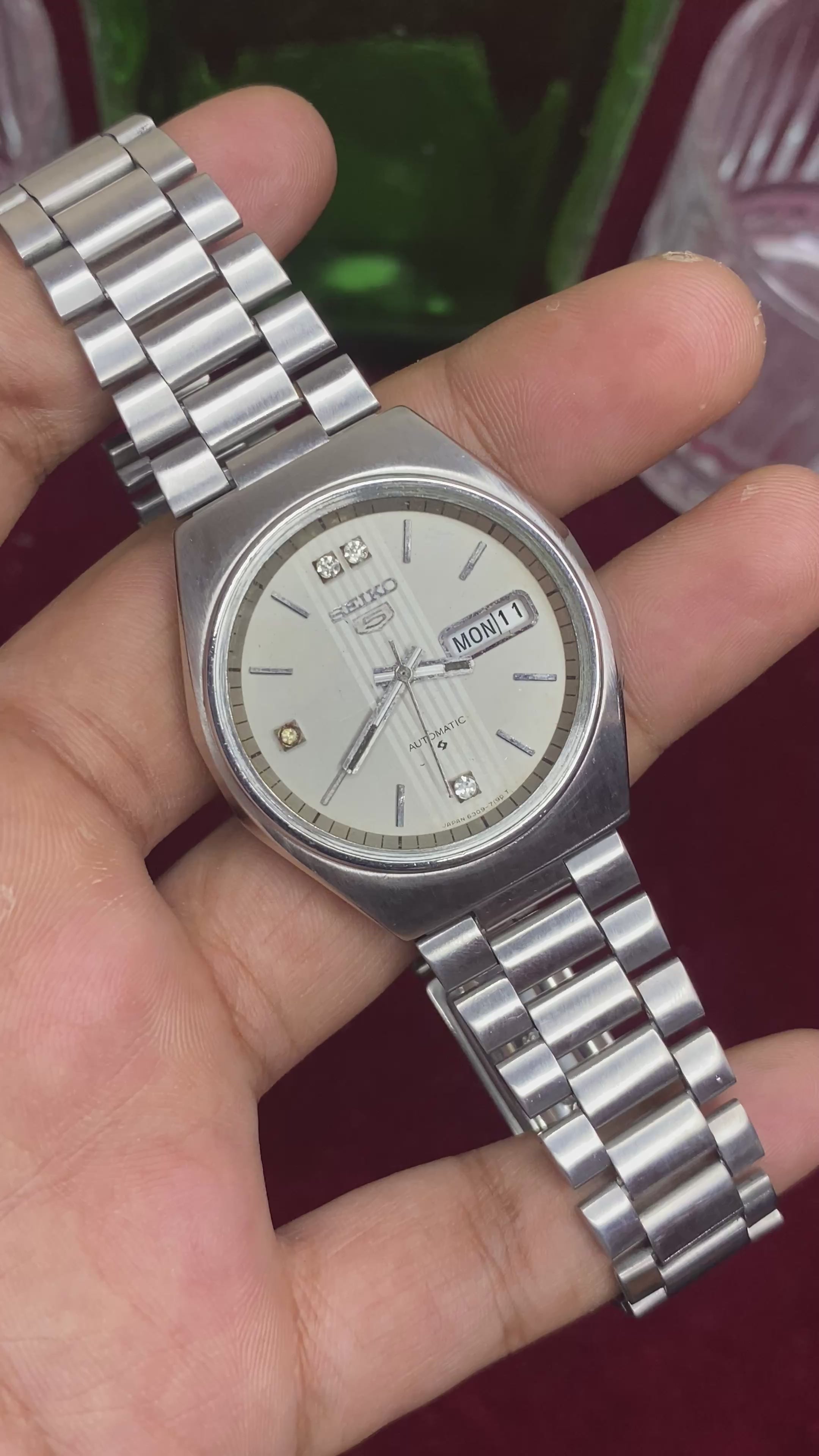 Seiko 5 — Silver Striped Dial with Crystal Accents | 38mm Japanese Automatic Watch.