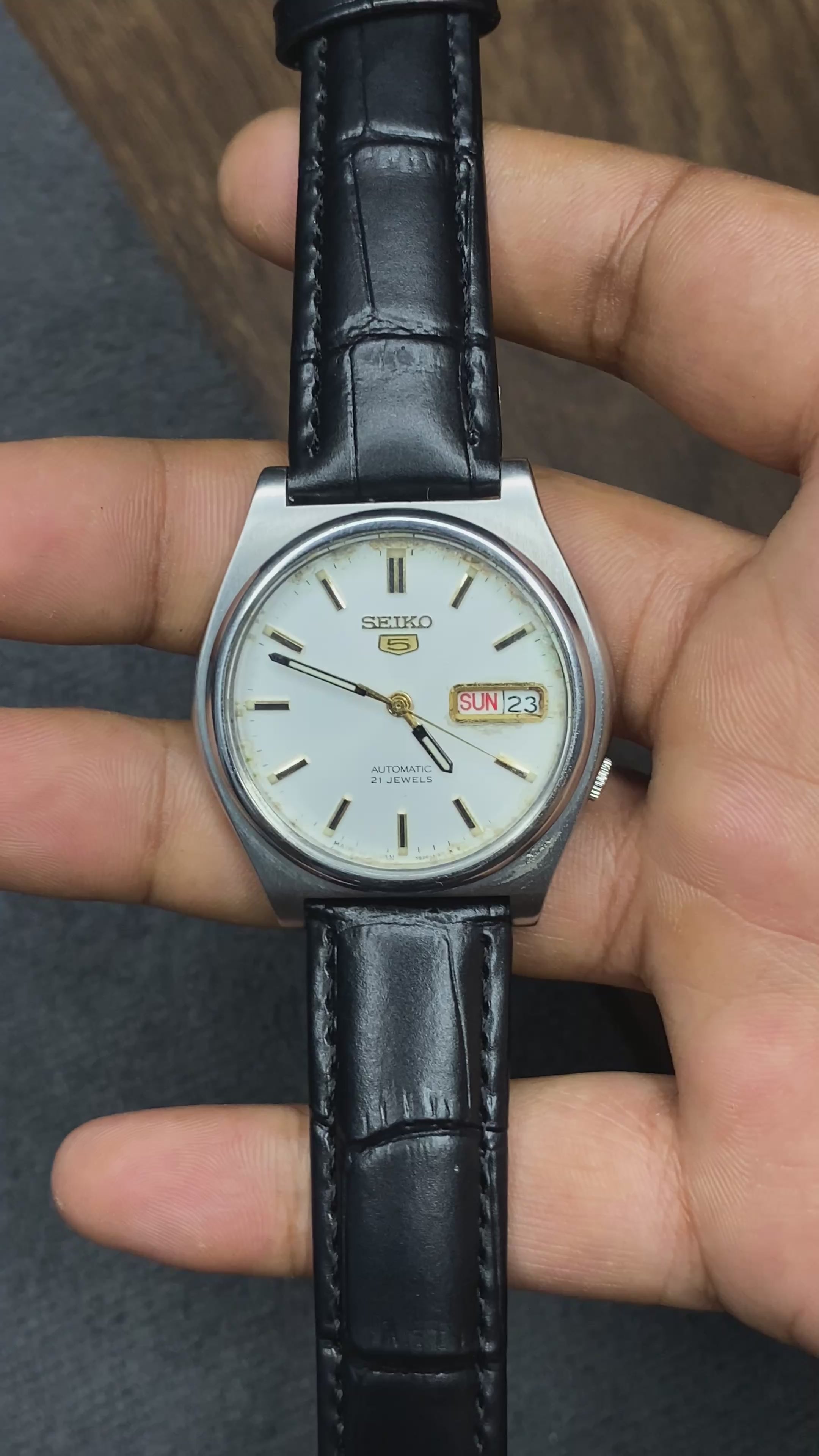Vintage Seiko 5 Automatic White Dial Watch | Black Leather Strap | Ref. 7S26-0390 | Made in Japan