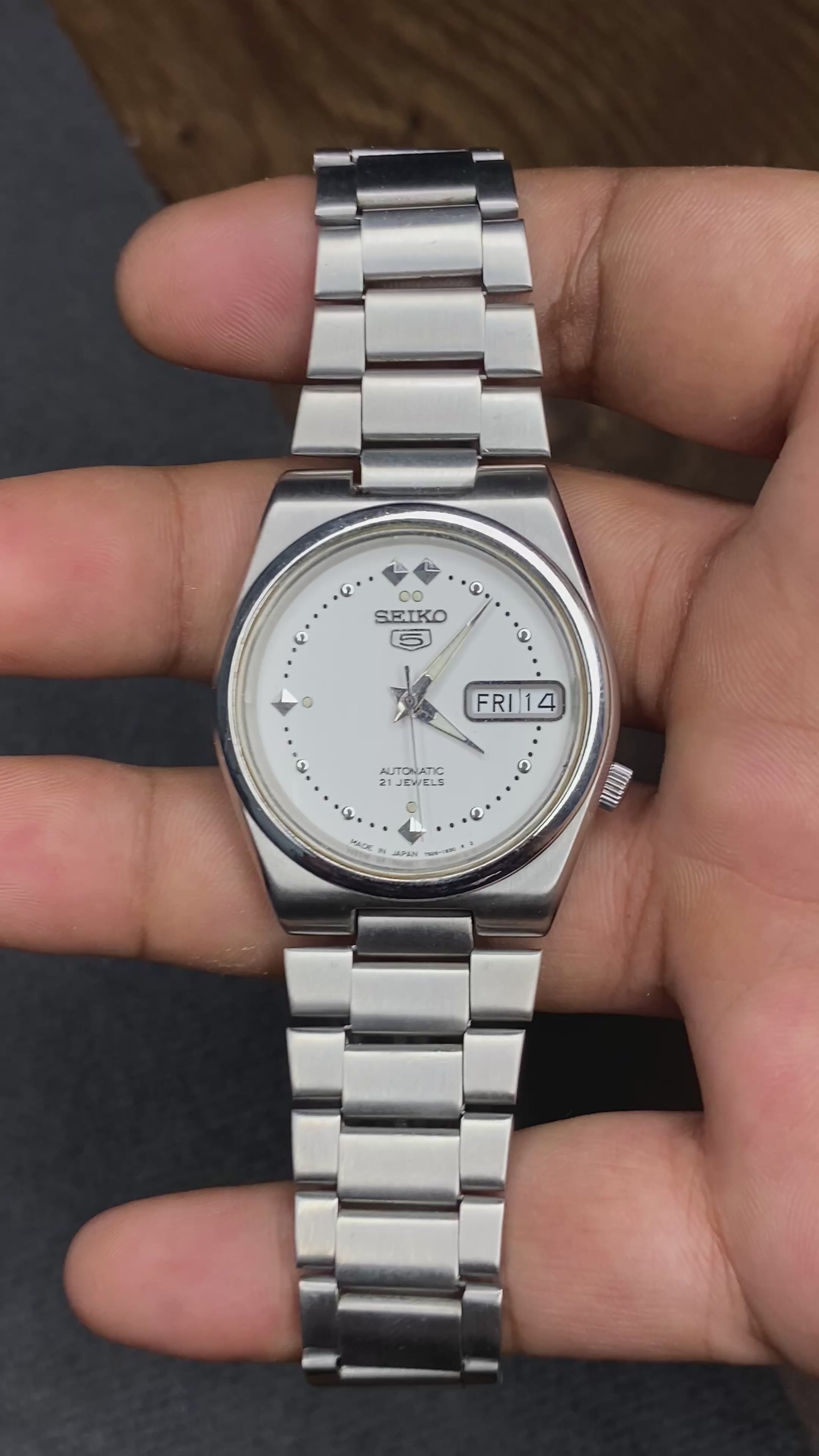 Seiko 5 — White Dial with Diamond Indices | 36mm Automatic, Exhibition Back Watch.