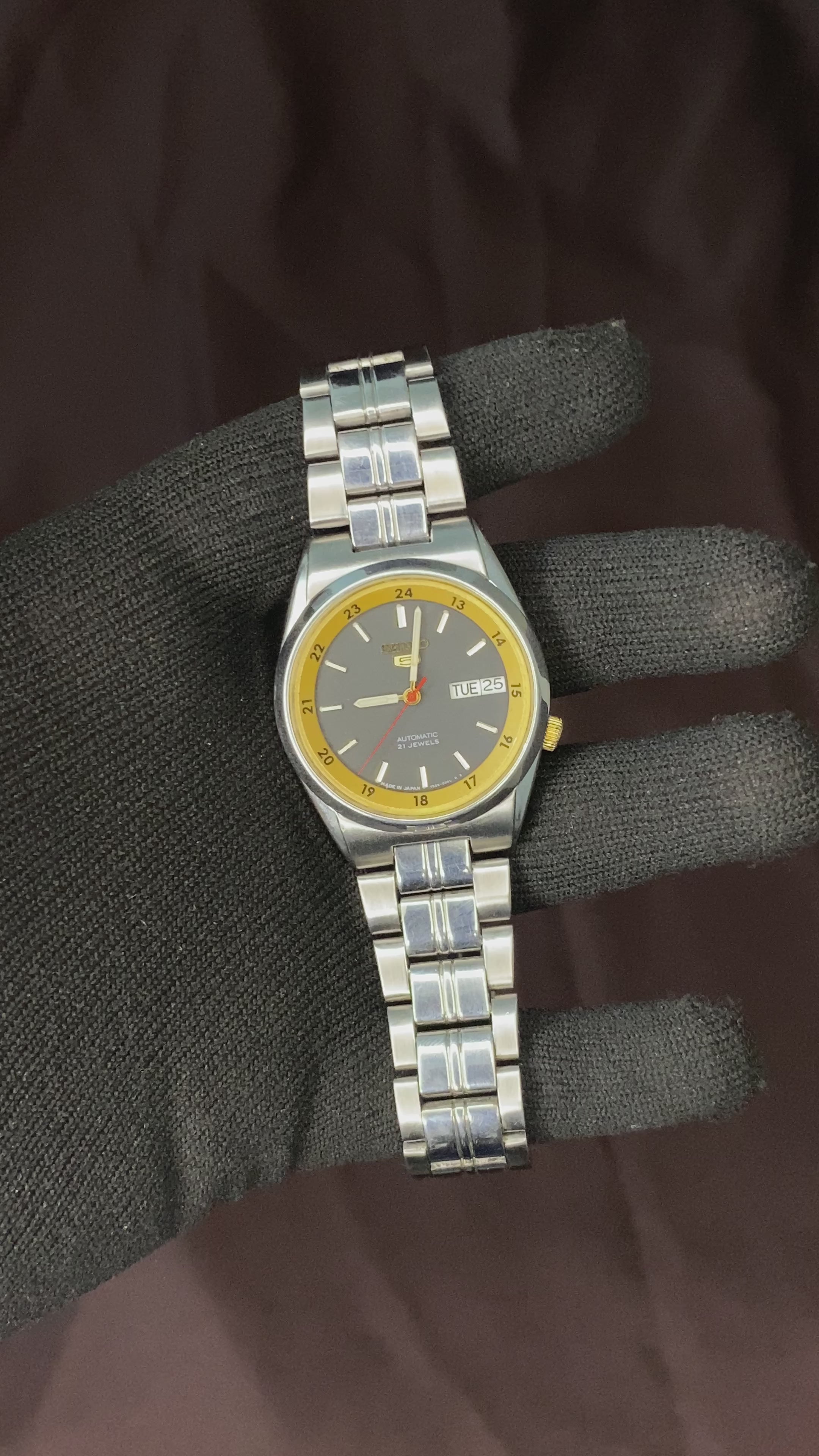 Seiko 5 Rare Black Golden Dial Railway time With Transparent back