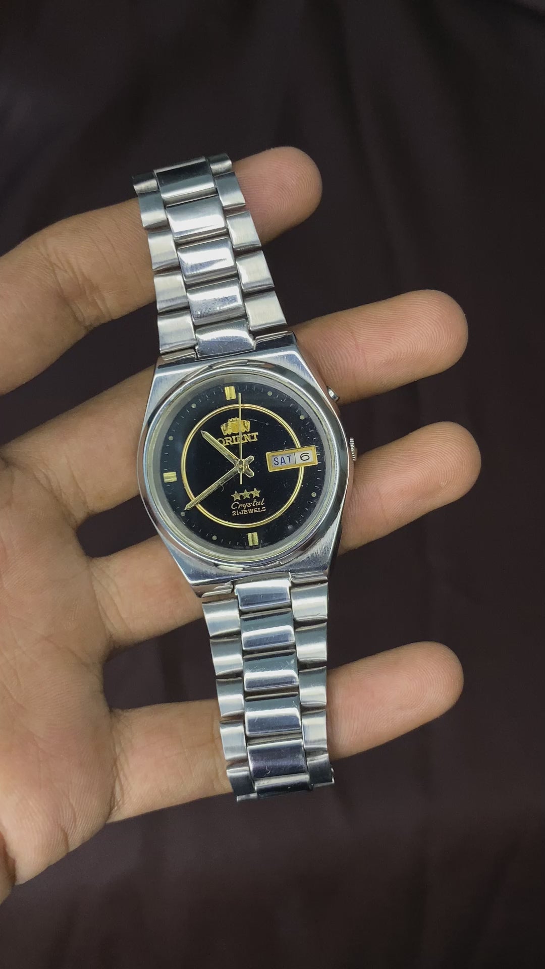 Orient Tri-Star Crystal Black Dial Watch with Golden Ring