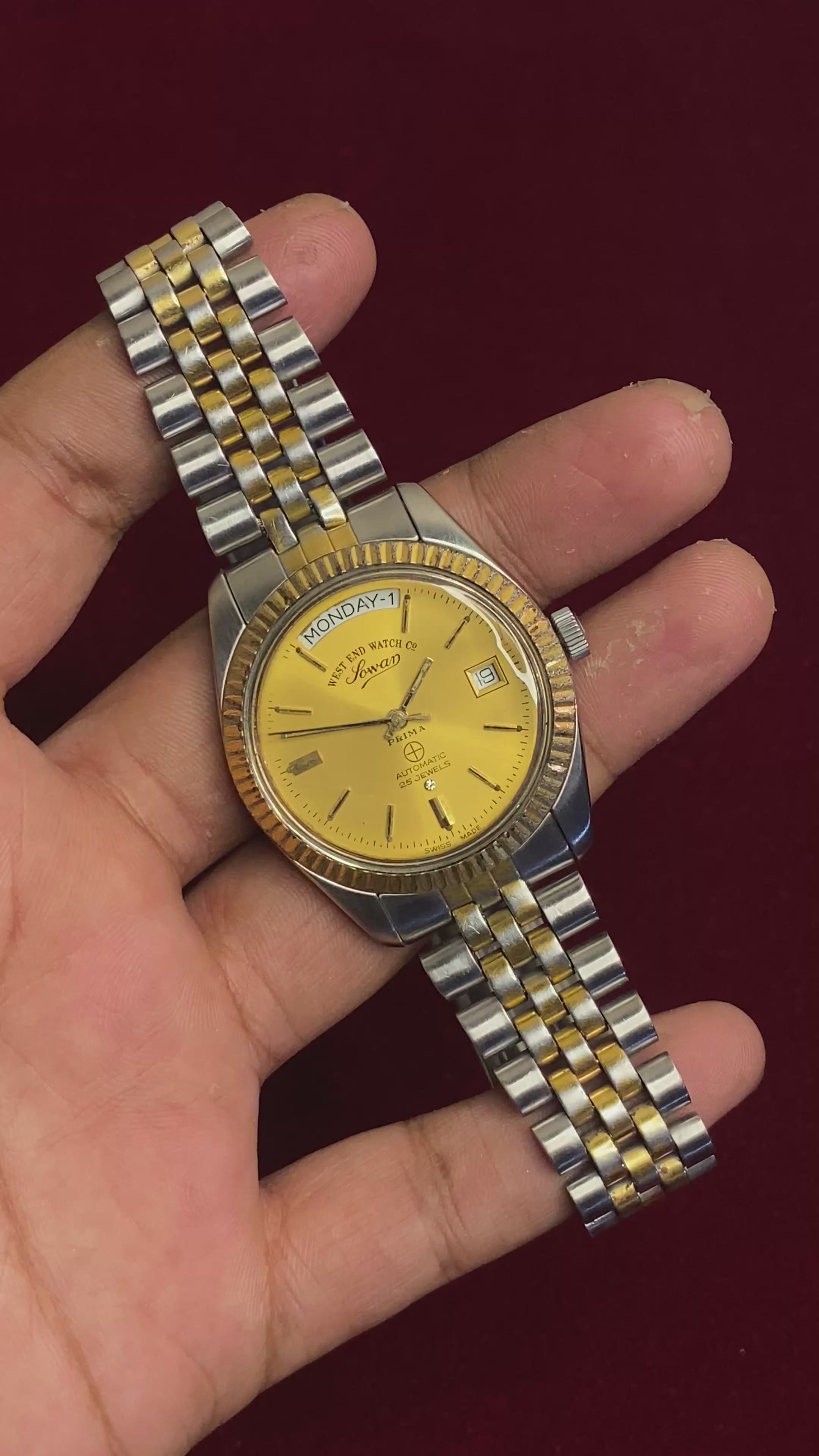 West End Watch Co. Sowar Prima President— Champagne Sunburst Dial, 25 Jewels, Day-Date | Ref. K-5028 | 38mm Swiss Made.